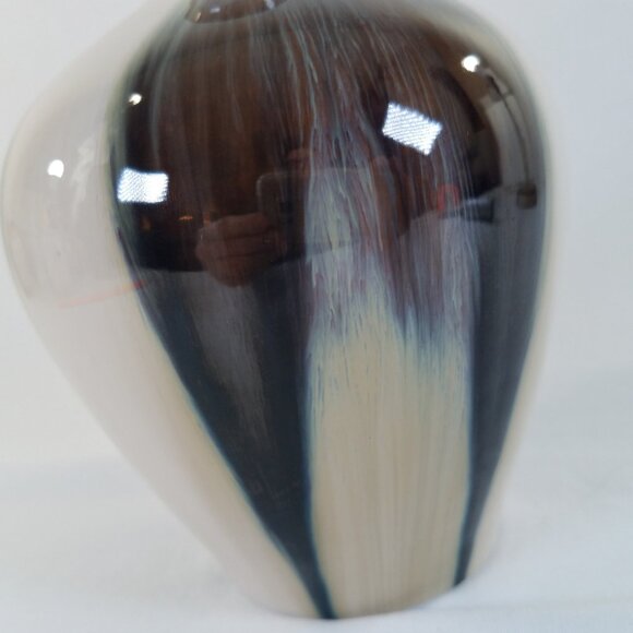 Chinese Transmutation Porcelain Vase 7″ Blue Beige Brown Flambé Style Drip Glaze - Picture 11 of 13